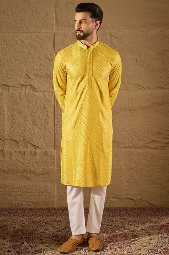 Men yellow viscose rayon solid embroidered straight kurta