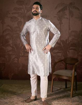 Men grey silk blend floral printed straight kurta with trouser 4