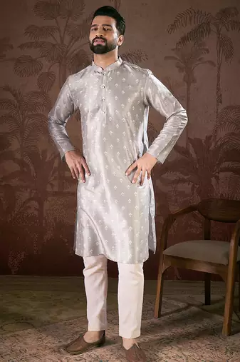 Men grey silk blend floral printed straight kurta with trouser