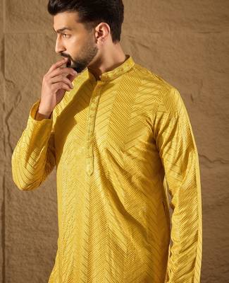 Men yellow viscose rayon solid embroidered straight kurta 3