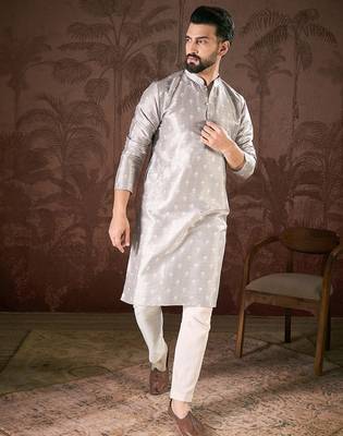 Men grey silk blend floral printed straight kurta with trouser 5