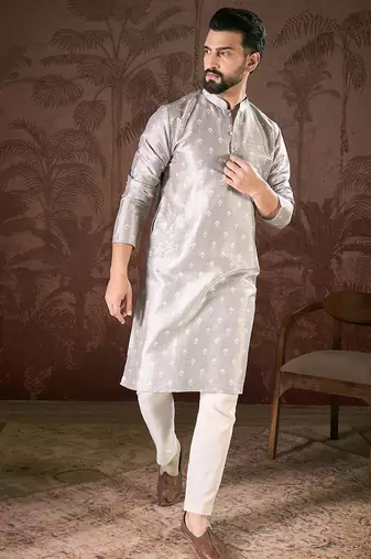 Men grey silk blend floral printed straight kurta with trouser