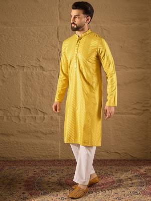 Men yellow viscose rayon solid embroidered straight kurta 4