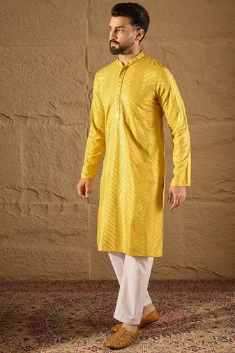 Men yellow viscose rayon solid embroidered straight kurta