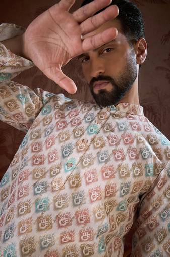Men white silk blend ethnic motifs printed straight kurta with trouser