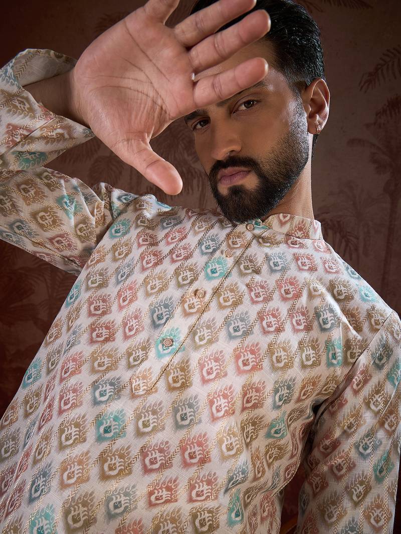 Men white silk blend ethnic motifs printed straight kurta with trouser