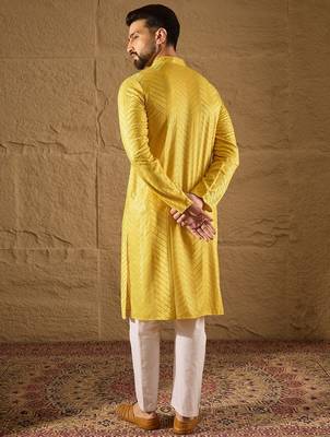 Men yellow viscose rayon solid embroidered straight kurta 5