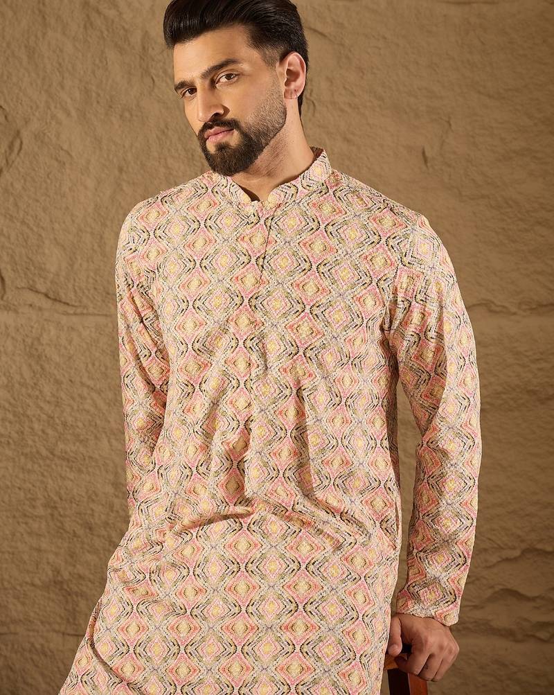 Men multi viscose rayon geometric embroidered straight kurta