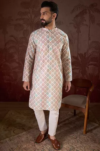 Men white silk blend ethnic motifs printed straight kurta with trouser