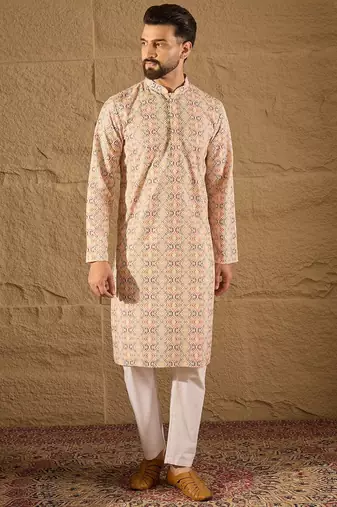 Men multi viscose rayon geometric embroidered straight kurta