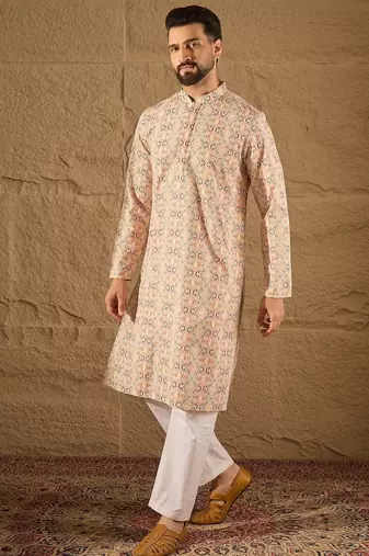 Men multi viscose rayon geometric embroidered straight kurta