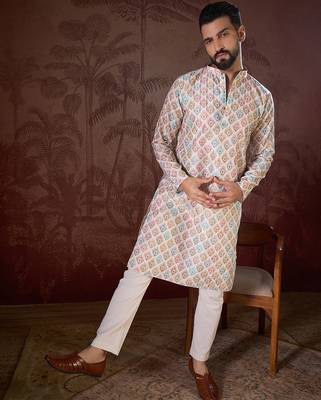 Men white silk blend ethnic motifs printed straight kurta with trouser 5