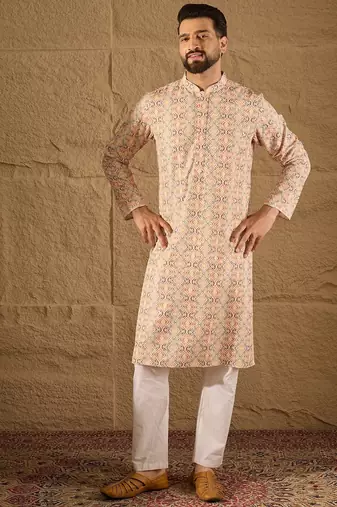 Men multi viscose rayon geometric embroidered straight kurta