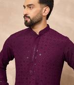 Men purple viscose rayon solid embroidered straight kurta