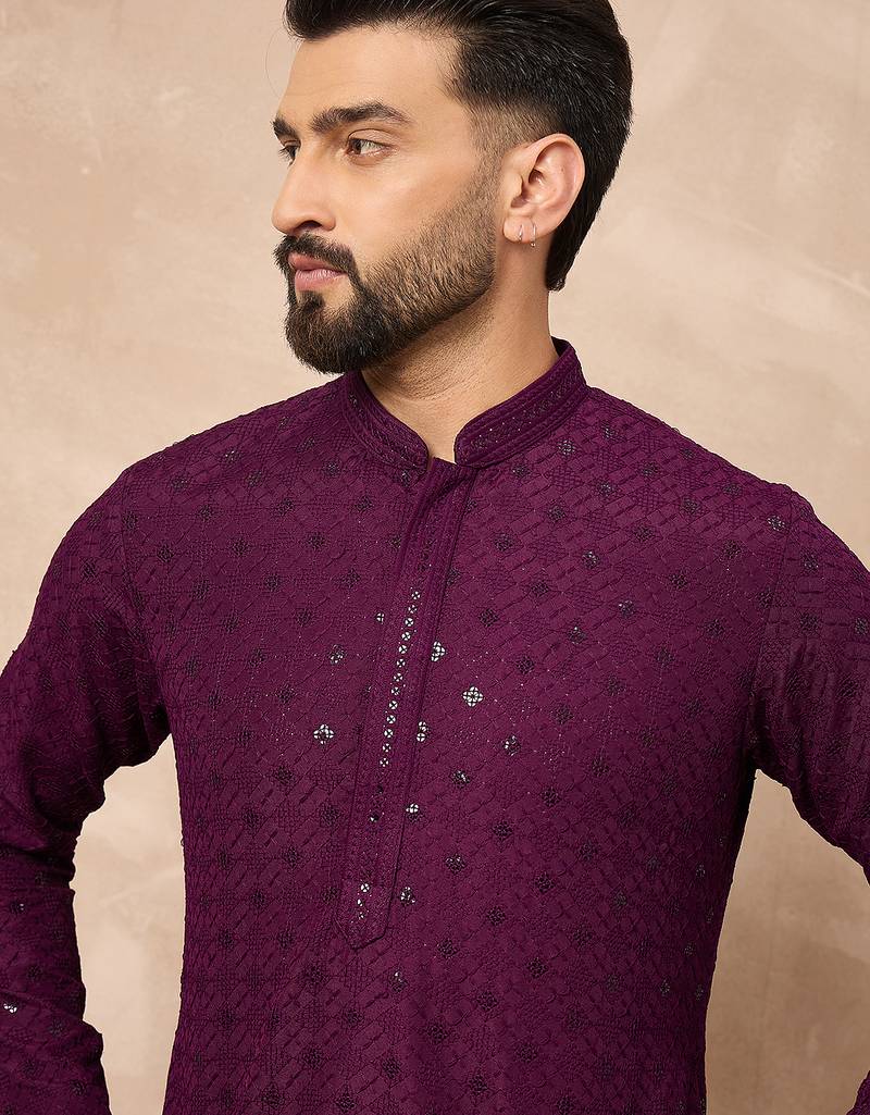Men purple viscose rayon solid embroidered straight kurta