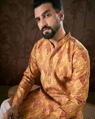 Men mustard silk blend ethnic motifs printed straight kurta with trouser 1