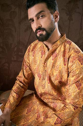 Men mustard silk blend ethnic motifs printed straight kurta with trouser
