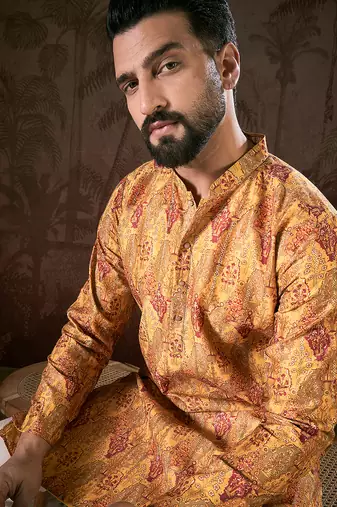 Men mustard silk blend ethnic motifs printed straight kurta with trouser