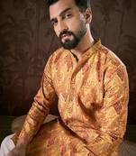Men mustard silk blend ethnic motifs printed straight kurta with trouser
