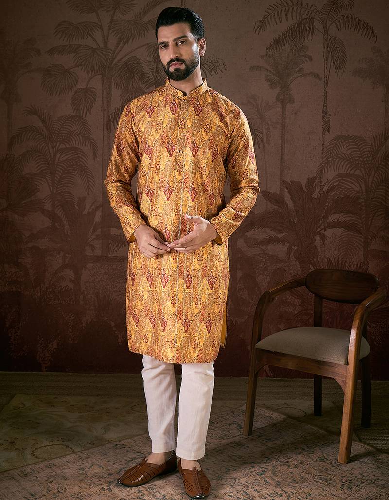 Men mustard silk blend ethnic motifs printed straight kurta with trouser