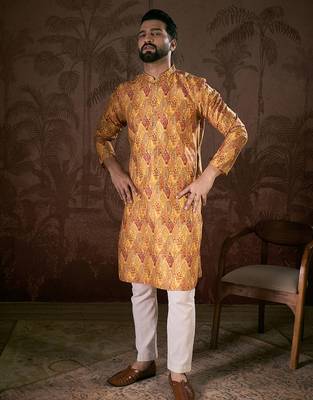 Men mustard silk blend ethnic motifs printed straight kurta with trouser 3