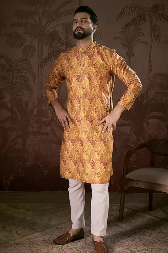 Men mustard silk blend ethnic motifs printed straight kurta with trouser