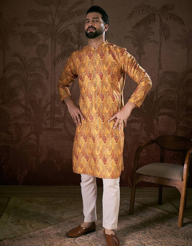 Men mustard silk blend ethnic motifs printed straight kurta with trouser
