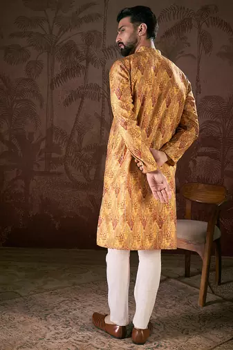 Men mustard silk blend ethnic motifs printed straight kurta with trouser