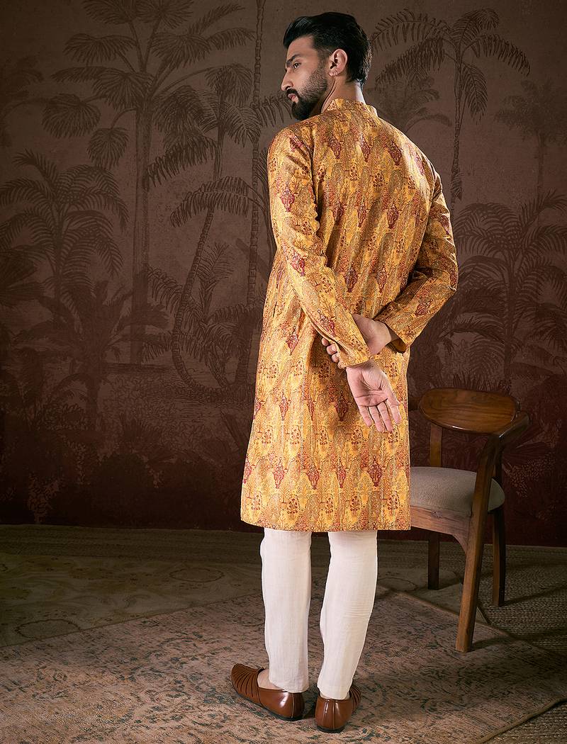 Men mustard silk blend ethnic motifs printed straight kurta with trouser