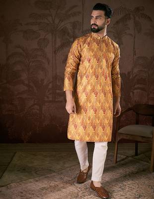 Men mustard silk blend ethnic motifs printed straight kurta with trouser 5