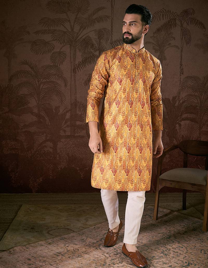 Men mustard silk blend ethnic motifs printed straight kurta with trouser