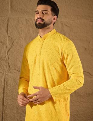 Men yellow viscose rayon solid embroidered straight kurta 1