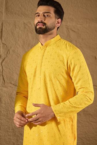 Men yellow viscose rayon solid embroidered straight kurta
