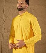 Men yellow viscose rayon solid embroidered straight kurta