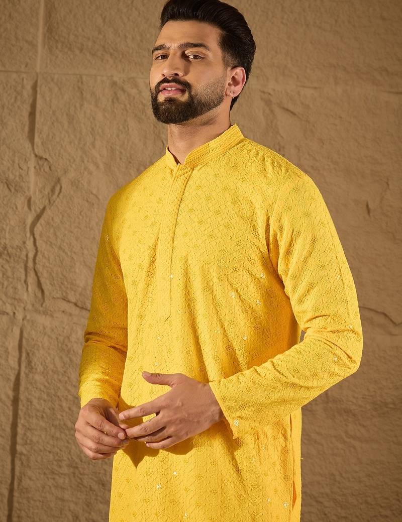 Men yellow viscose rayon solid embroidered straight kurta