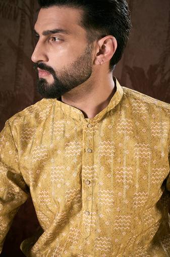 Men mustard silk blend ethnic motifs printed straight kurta with trouser