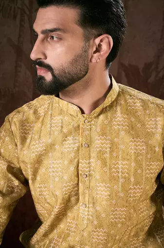 Men mustard silk blend ethnic motifs printed straight kurta with trouser