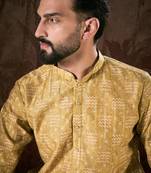 Men mustard silk blend ethnic motifs printed straight kurta with trouser