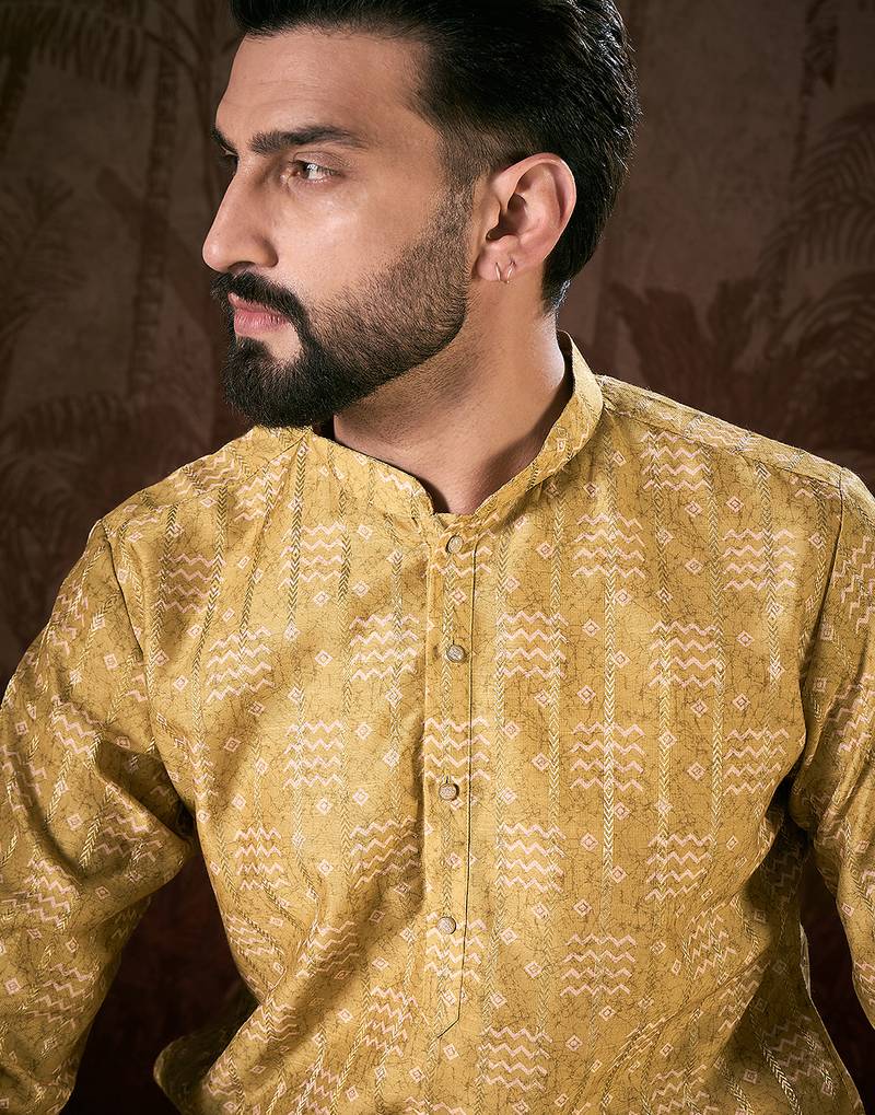 Men mustard silk blend ethnic motifs printed straight kurta with trouser