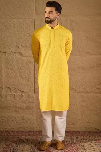 Men yellow viscose rayon solid embroidered straight kurta