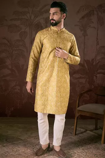 Men mustard silk blend ethnic motifs printed straight kurta with trouser