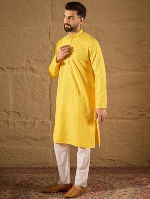 Men yellow viscose rayon solid embroidered straight kurta 3