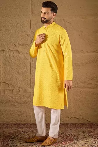 Men yellow viscose rayon solid embroidered straight kurta