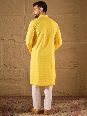 Men yellow viscose rayon solid embroidered straight kurta 4