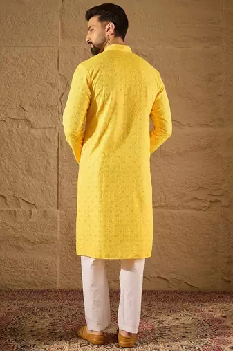 Men yellow viscose rayon solid embroidered straight kurta