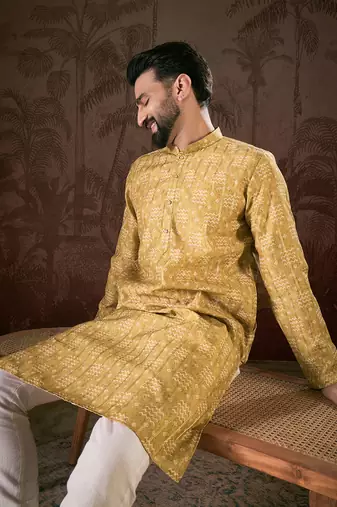 Men mustard silk blend ethnic motifs printed straight kurta with trouser
