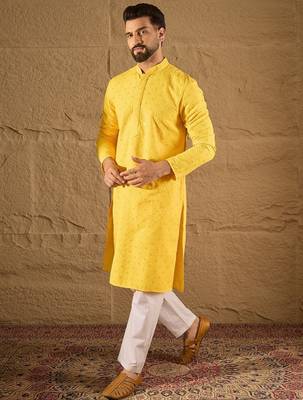 Men yellow viscose rayon solid embroidered straight kurta 5