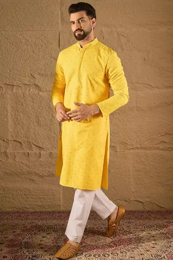 Men yellow viscose rayon solid embroidered straight kurta
