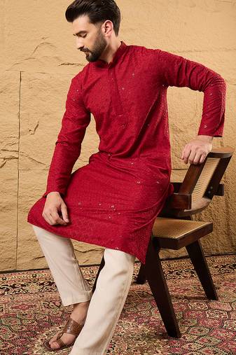 Men maroon rayon blend solid embroidered straight kurta