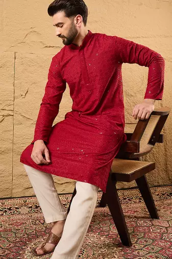 Men maroon rayon blend solid embroidered straight kurta
